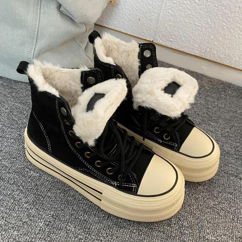 Women Shoes Winter Plush Warm Cotton Shoes Classic High Top Canvas Oes Winter Sneakers for Women Lace Up Platform Vulcanize Shoe