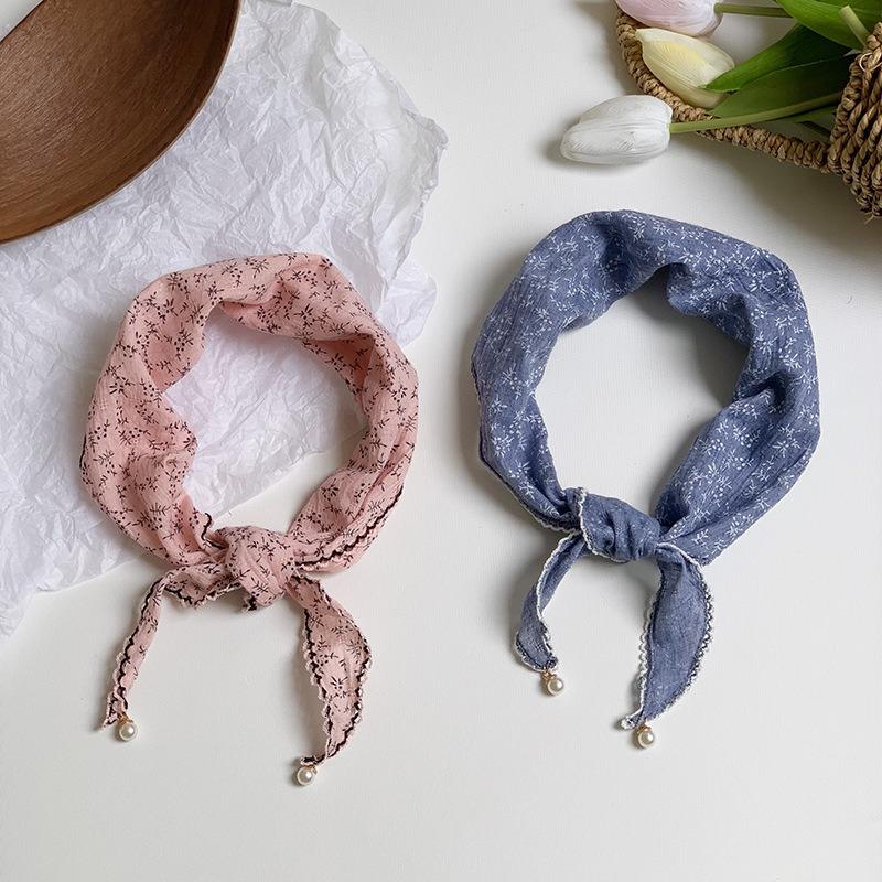 Triangle Scarf Scarf Female Retro Literary Floral Cotton and Linen Neck Protector Decorative Pearl Small Pendant Small Scarf Headband