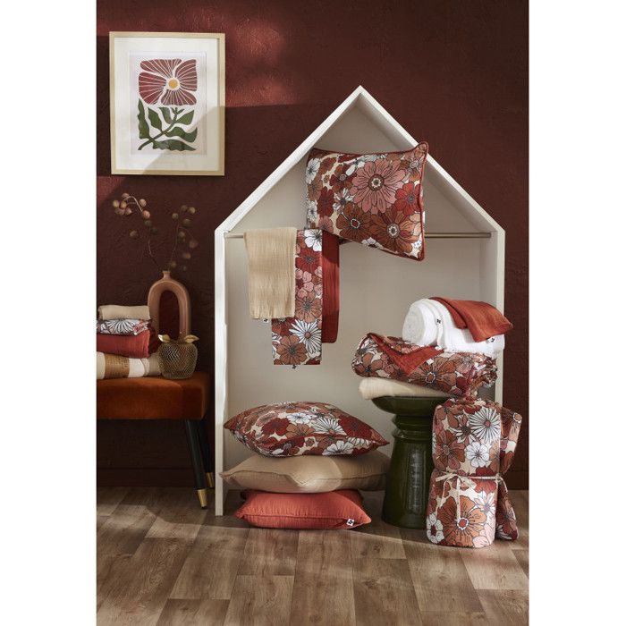 Coussin déhoussable réversible "Anna / Flora" toutes dimensions Gaze de Coton imprimée - Anna Terracotta - Housse de coussin 45 x 45