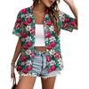Womens Loose Fit Short Sleeve Printed Shirt Casual Vacation Style Collared Open Front Top