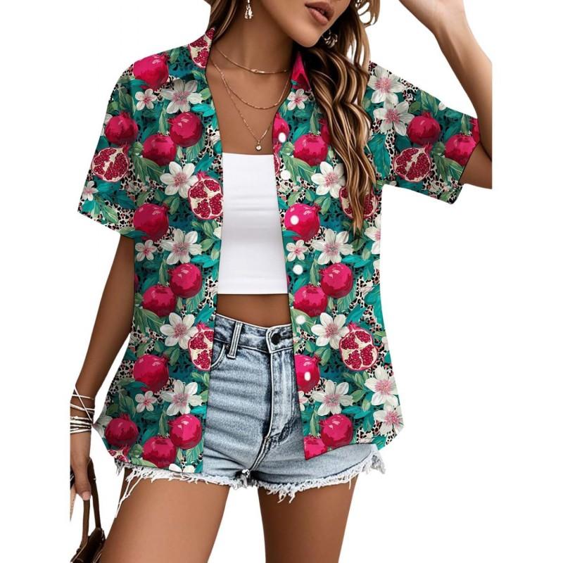 Womens Loose Fit Short Sleeve Printed Shirt Casual Vacation Style Collared Open Front Top