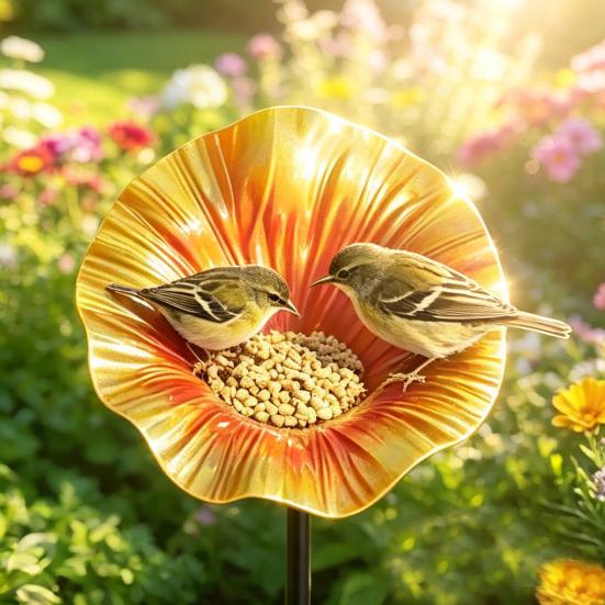 Metal Flower Bird Bath, Decorative Garden Bird Bath Feeder, Outdoor Wild Bird Feeder with 2-Prong Base for Garden Backyard Decor