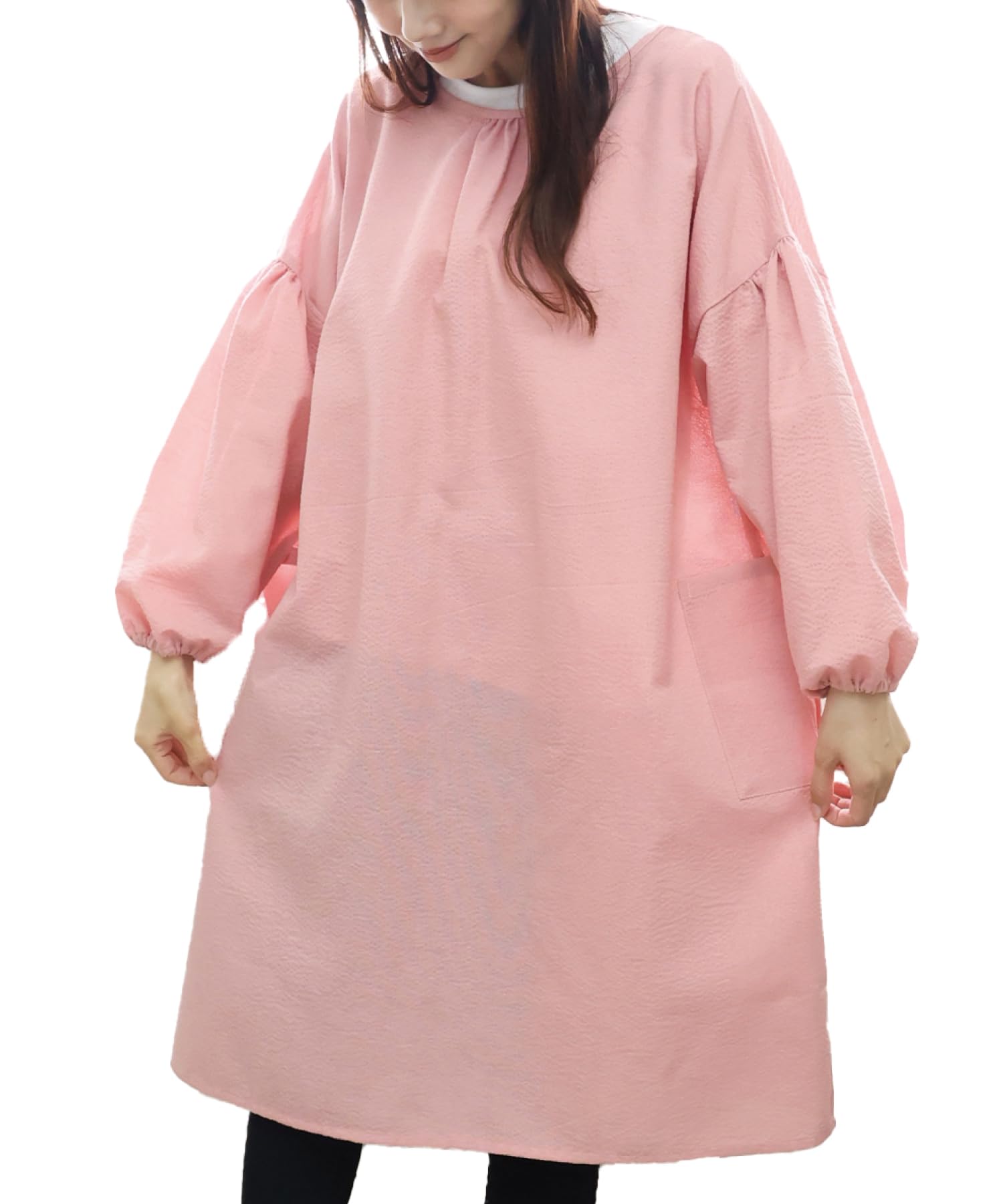 

[ON NISHIKI] Women s Stylish and Cute Seersucker Apron, 2-Way Design, Quick-Drying, Wrinkle-Resistant, Loose Fit, Long Length, with Pockets, Smock-Sty