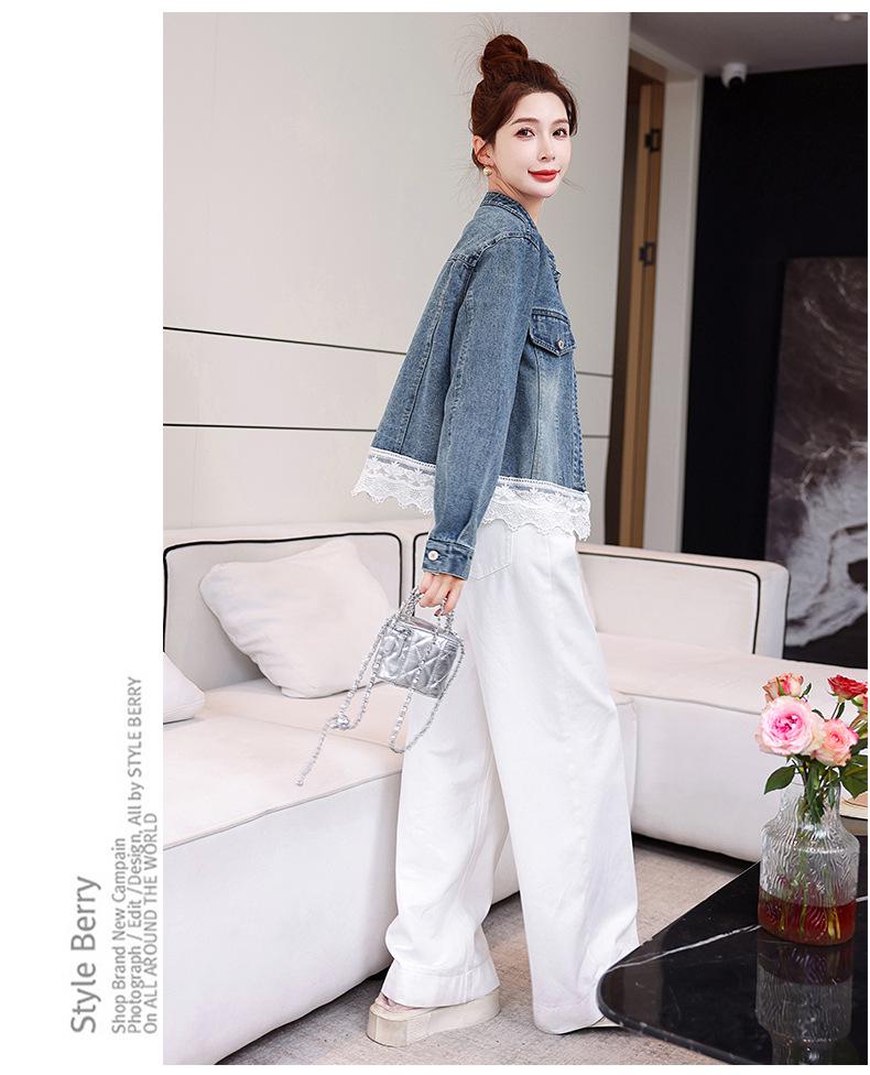 2025 Spring Women's Denim Jacket with Lace Patchwork and Stand Collar, Model OU6783