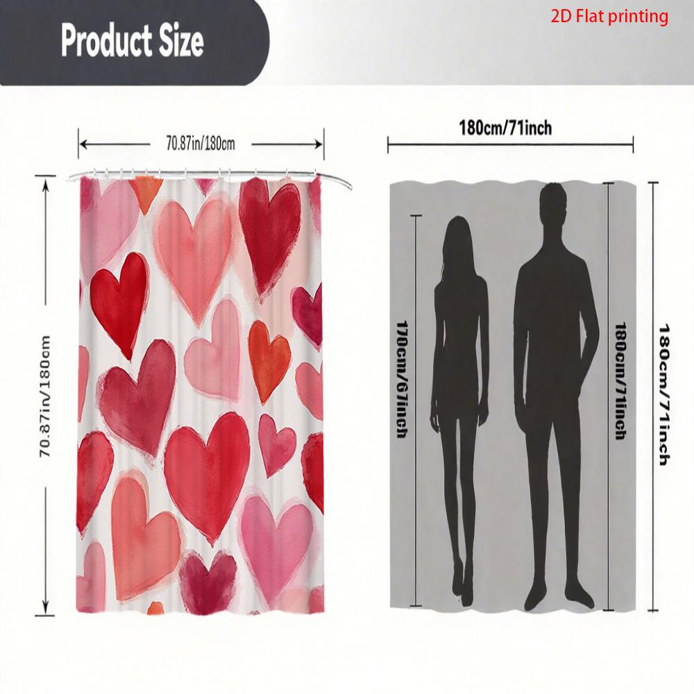 Watercolor Heart Shower Curtain Pink Red on  Waterproof Polyester Bath Curtain with Hooks for Valentine's Day Bathroom Decor