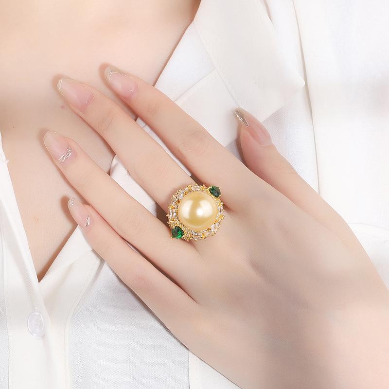 New inlaid gold white bead light gold retro fashion diamond ring 16mm