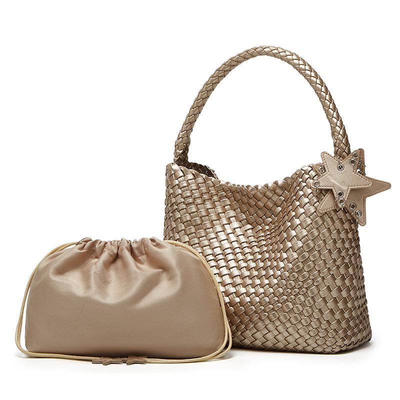 Qiangqiang Champagne Color Handmade Woven Tote: Large Capacity, Lightweight Luxury, Handheld or Shoulder, Mother-Child Bucket Design.
