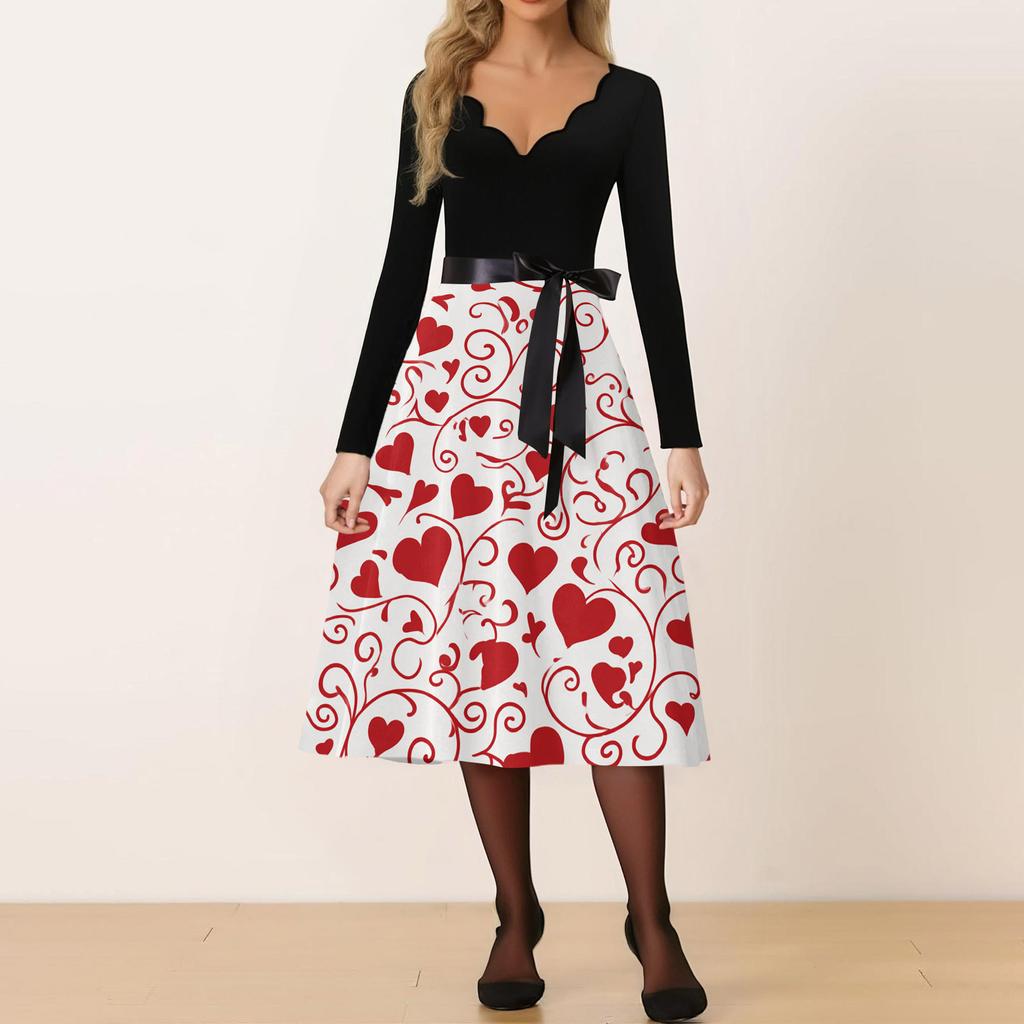 Damen Freizeitmode V-Ausschnitt Valentinstag Print Retro Kleid