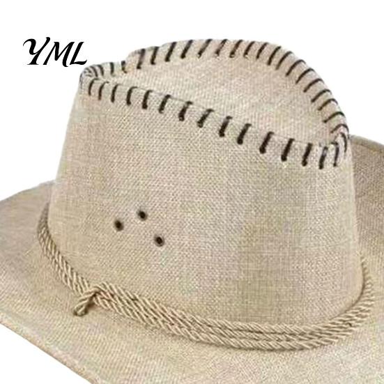 Lightweight Casual Hat Western Cowboy with Windbreak Rope for Men, Wide Brim Linen Sun Outdoor Travel, Halloween Cosplay Costume, Breathable