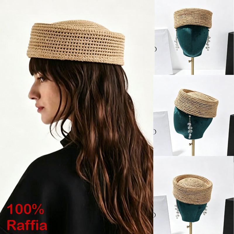 Garden Supplies My Women's 100% Hollow-Out Raffia Fashion French Berets Hand Woven Straw Summer Elegant Sun Hats Charming Cocktail Party Dinner Cap 56-58Cm