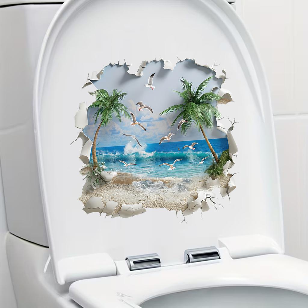 Broken Wall Beach Coconut Tree Toilet Cover - Bathroom Toilet Lid Decorative Sticker