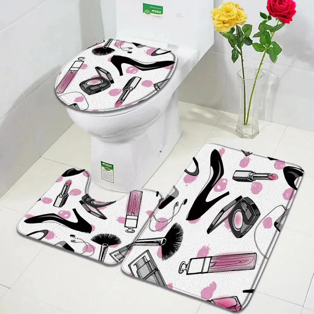 Pink Perfume Bath Mat Set Black White Striped Fashion High Heel Woman Girl Home Carpet Bathroom Decor Non-slip Rug Toilet Cover