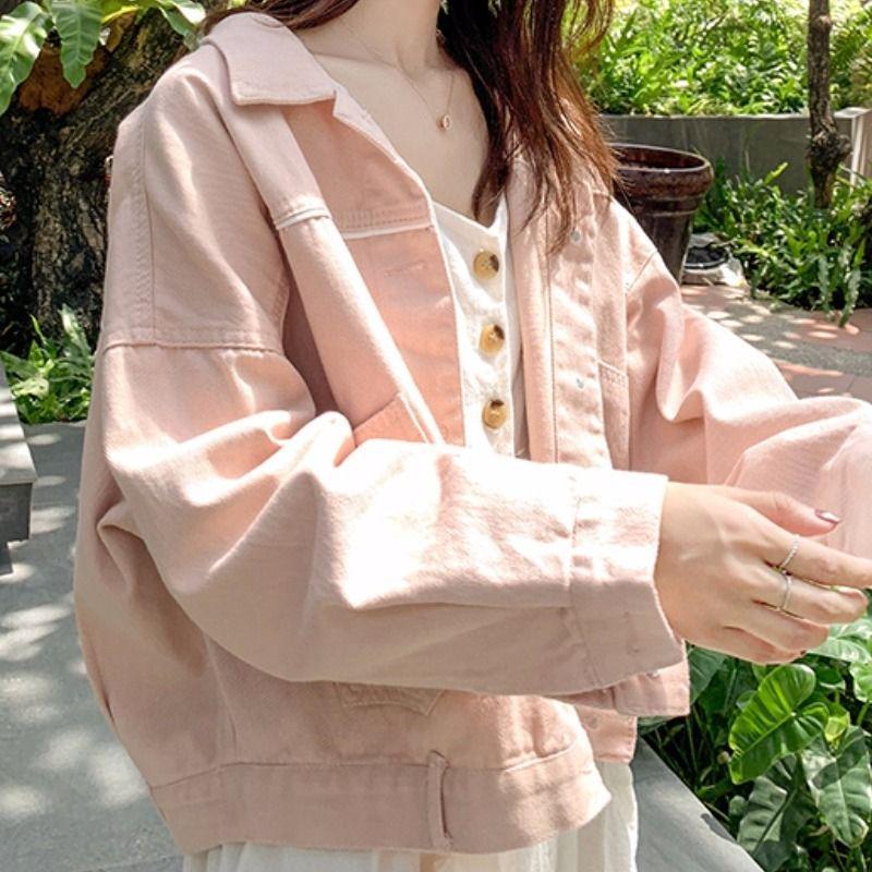 Autumn Pink Denim Jacket - Women s Plus Size Korean Style, Long Sleeve, Stylish & Slimming S (up to 50kg)