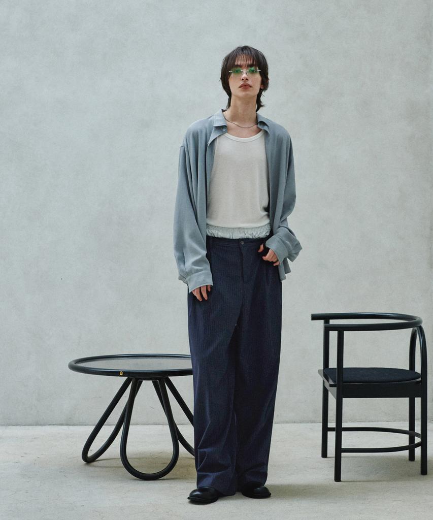 GLW Double-Pleat Wide Striped Slacks Navy