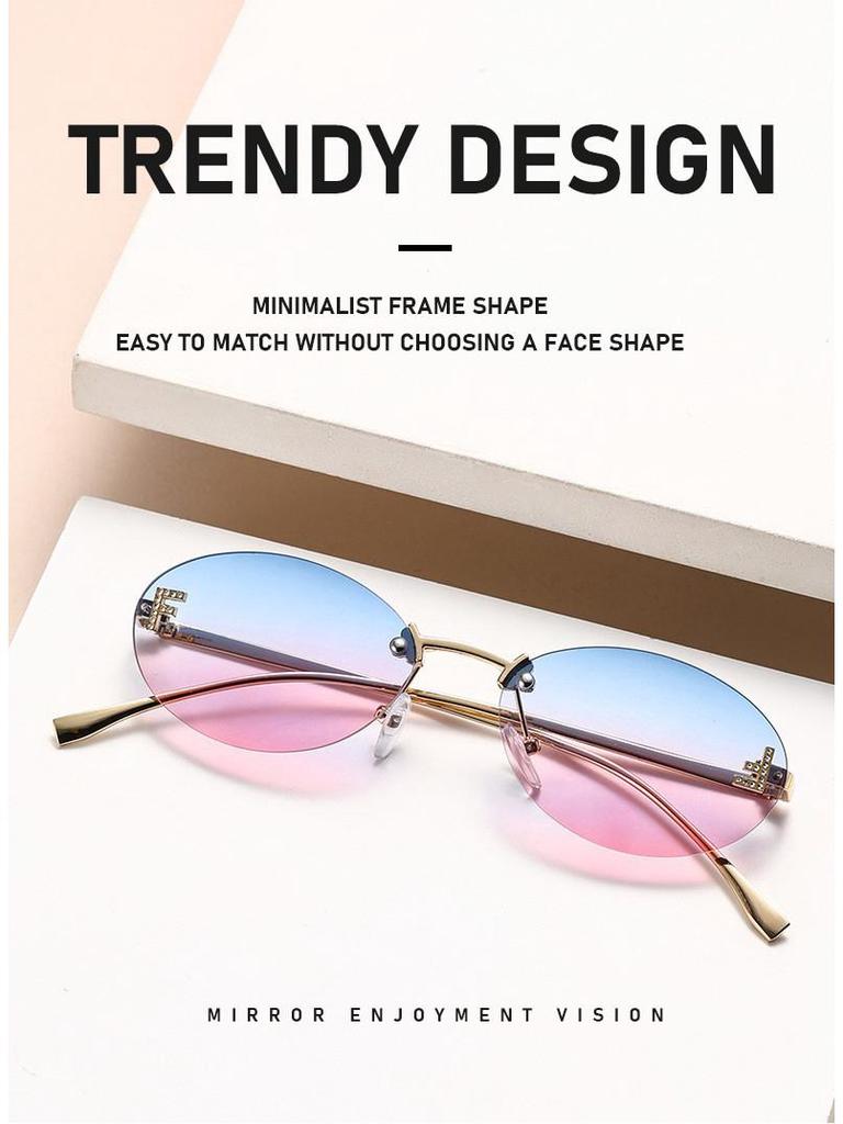 Women's Trendy Oval Rimless Rhinestone Sunglasses - European & American Style, Small Frame with Letter F Design