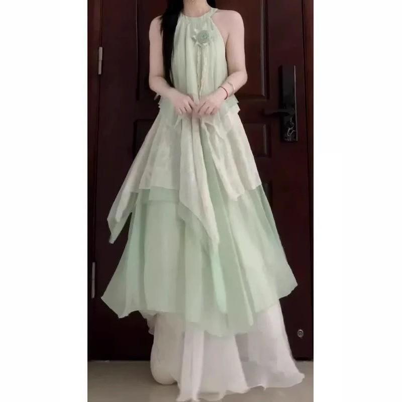 French Sweet Style Sleeveless Neck Dress Temperament Slimming Lace Splicing Flower Long Women
