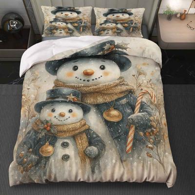 3pcs Festive Snowman Christmas Duvet Cover Set - Cozy Winter Theme with Zipper Closure, Machine Washable Polyester