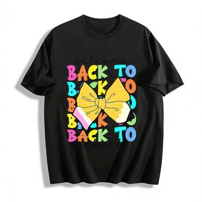 Welcome Back To School Pencil Bow Print Casual Tee Pure Cotton T-shirt