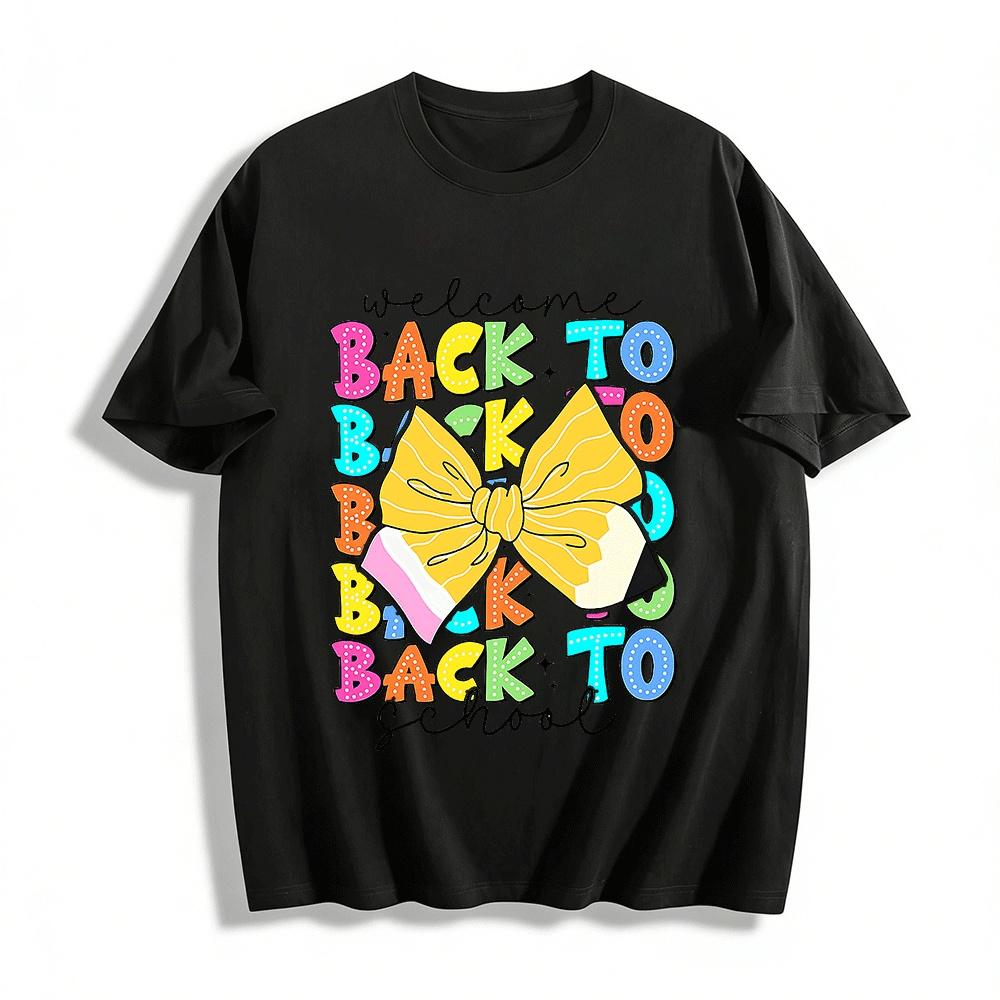 Welcome Back To School Pencil Bow Print Casual Tee Pure cotton T-shirt XXS