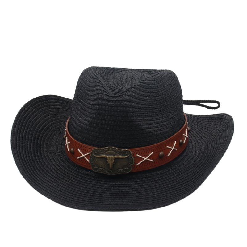 Cowboy Hat Jazz Hat Straw Hat Special Hat Strap Bull Head Accessories Belt Prairie Ethnic Style Sunscreen Straw Hat