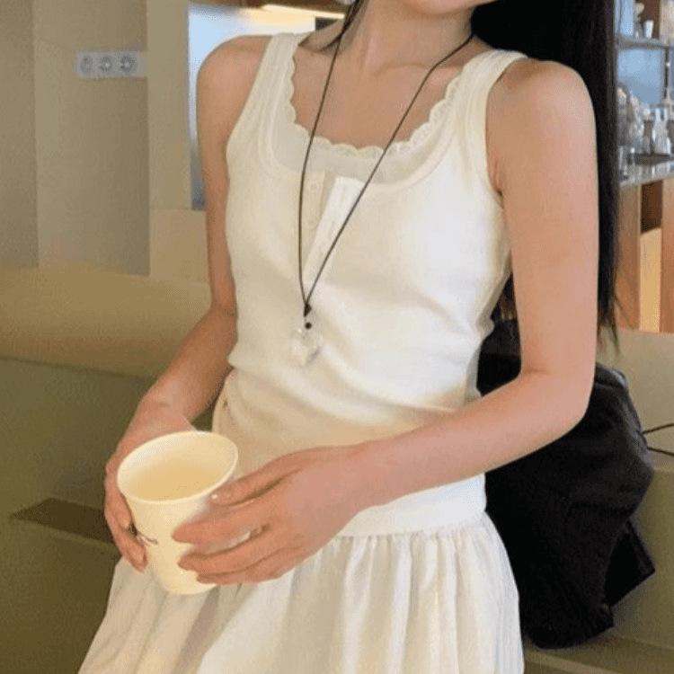 Pure Desire Korean Lace Trim Faux Two-Piece Tank 2026: Women s Slimming & Flattering Short Outerwear 2X Large белый