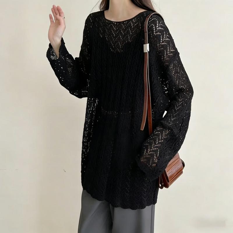 

Women s Hollow Out Long-Sleeve Knit Cardigan - Lazy Style, Slimming Mid-Length Outerwear, Age-Reducing Sun Protection One Size чёрный