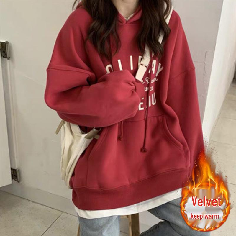 

Women s Fleece-Lined Hooded Sweatshirt - 2023 Trendy Korean Style, Loose Fit, Autumn/Winter Fashion. XXL