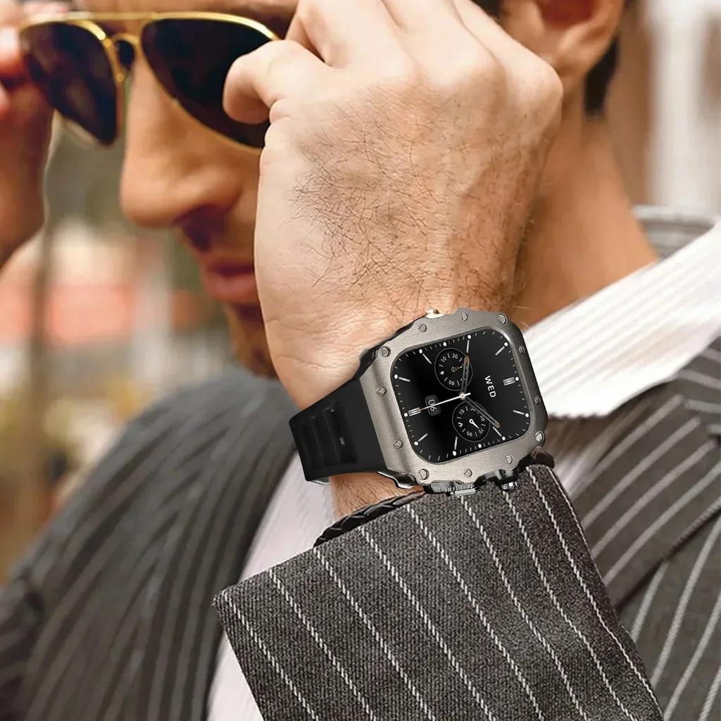 Luxus Metallgehäuse Mod Kit Für Apple Watch S11 10 46MM Edelstahlgehäuse +Silikonband für IWatch Serie 9 8 7 6 5 44mm 45mm