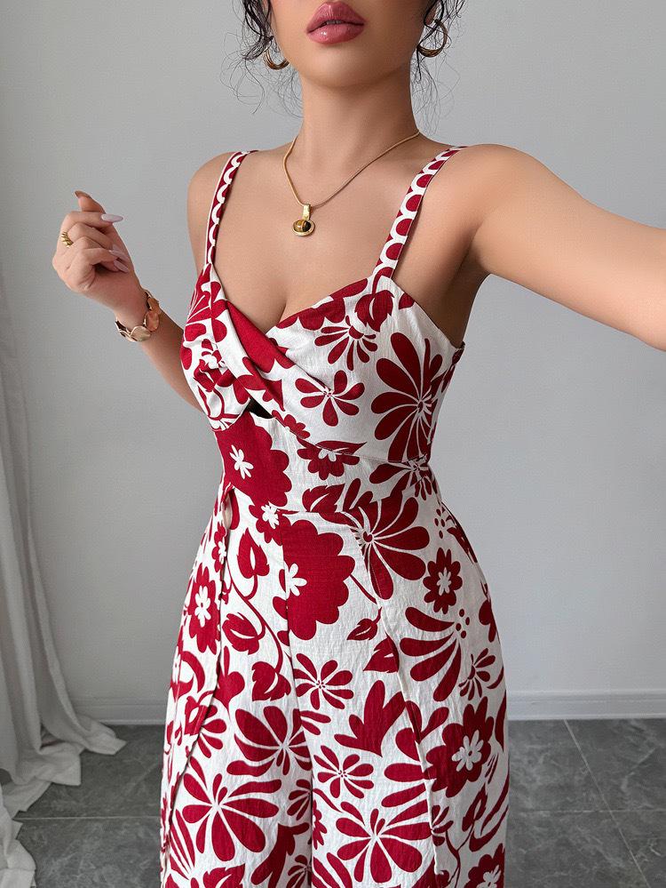 2025 Elegant Twist Print Spaghetti Strap Backless Jumpsuit with Wide Leg and Long Pants Skirt