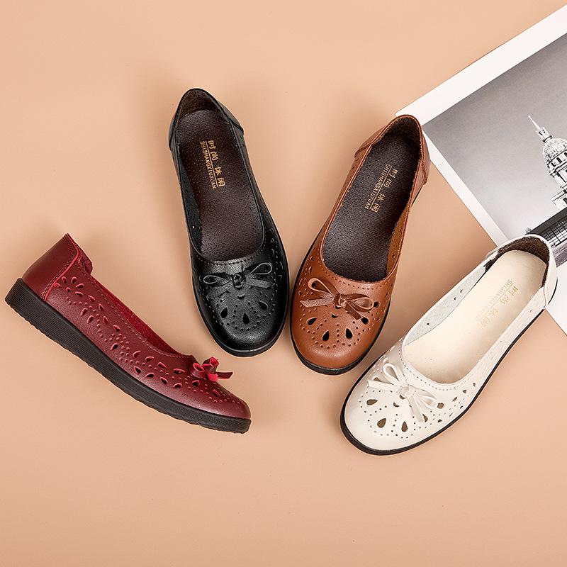 Sommer Neue Sandalen Weichen Sohlen Leder Schuhe Non-slip Cave Schuhe Frauen Flachen, Nicht-slip Hohl Atmungsaktive Mutter schuhe