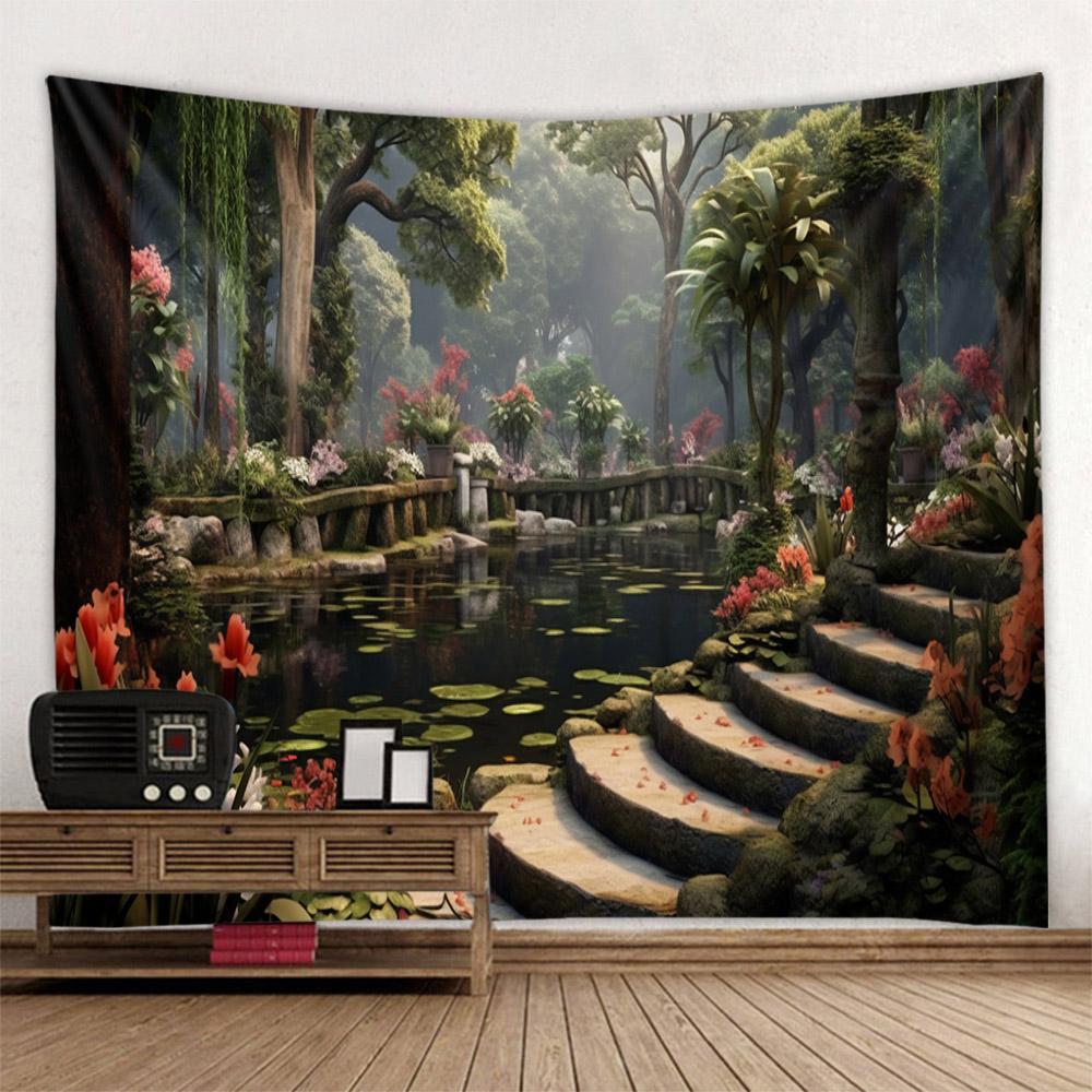 Landscape Oil Painting Tapestry Forest, Peacock, Castle, Dreamy Wall Hanging Cloth, Starry Sky Sunrise, Home Art Decoration
