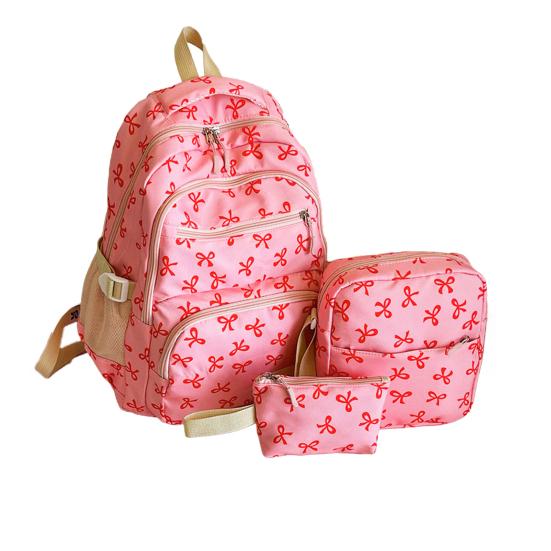 3 Pcs/Set Women Bow Bag Backpack Clutch Shoulder Bag Set Travel Rucksack with Bow Pattern for School Camping Travel