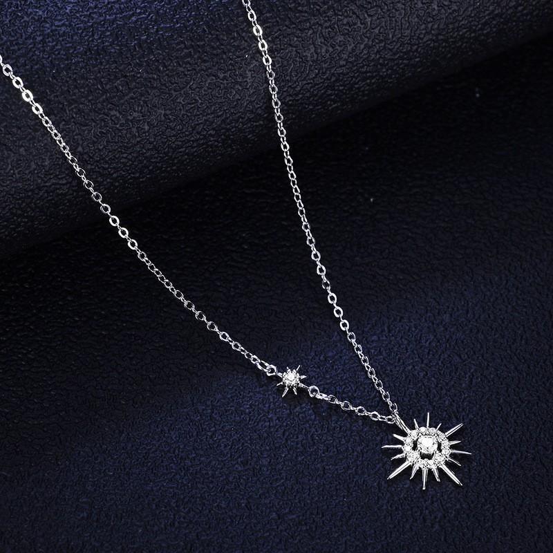 Sterling Star Moon Pendant Necklace Women Six Point Constellation Charm Delicate Chain