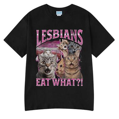 Lesben essen was Lustige Katze Meme Humor T-Shirt Herren Damen Mode T-Shirt Sommer Baumwolle Lässig Übergroß Kurzarm T-Shirts