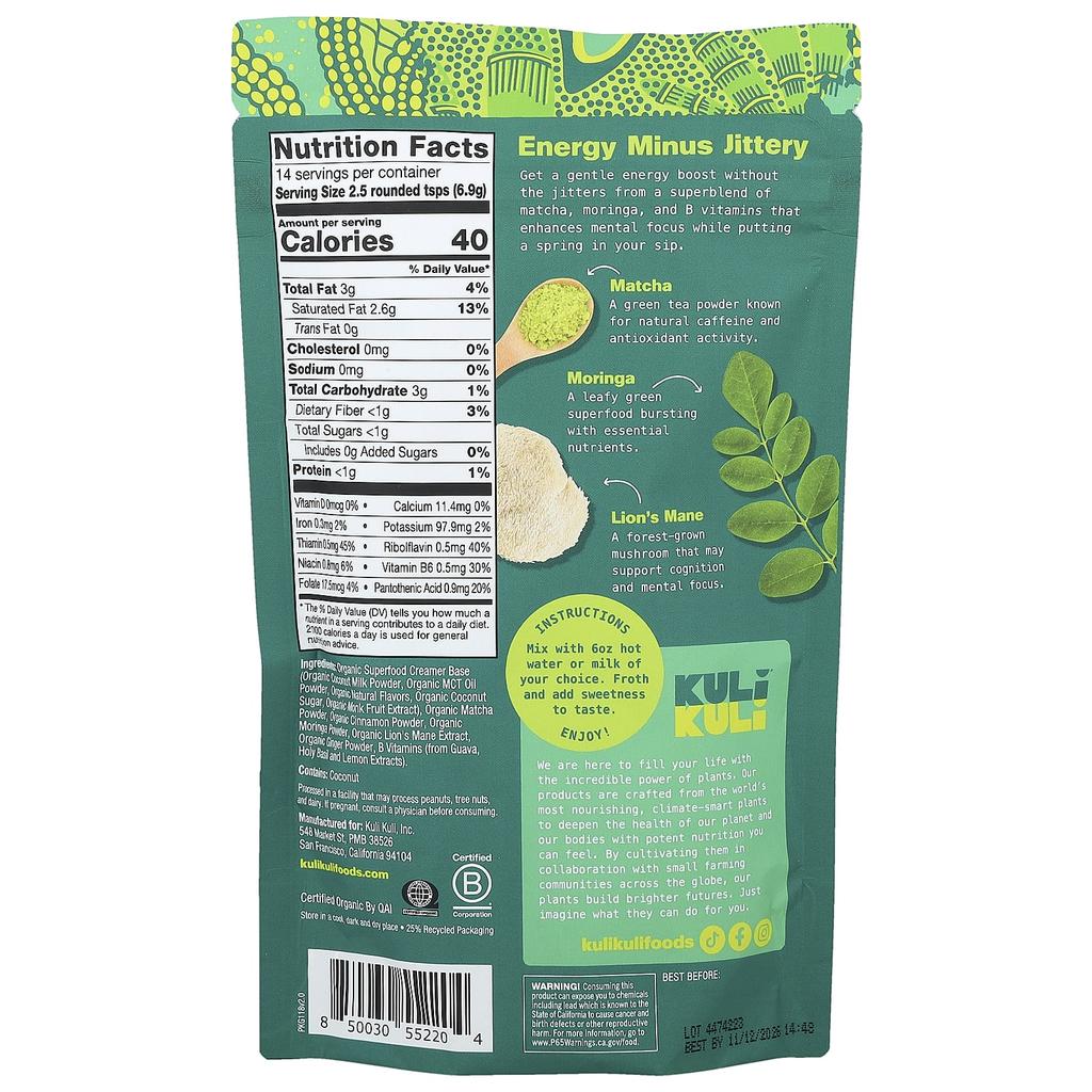 Kuli Kuli, Organic Superfood Latte, Matcha Moringa, 3.41 Oz (96.6 G)