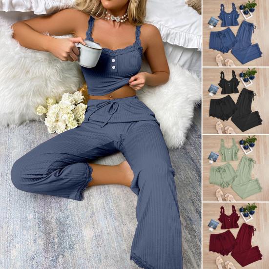 Women's 3 Piece Pajamas Set Ribbed Knit Lace Trim Cami Shorts And Pants