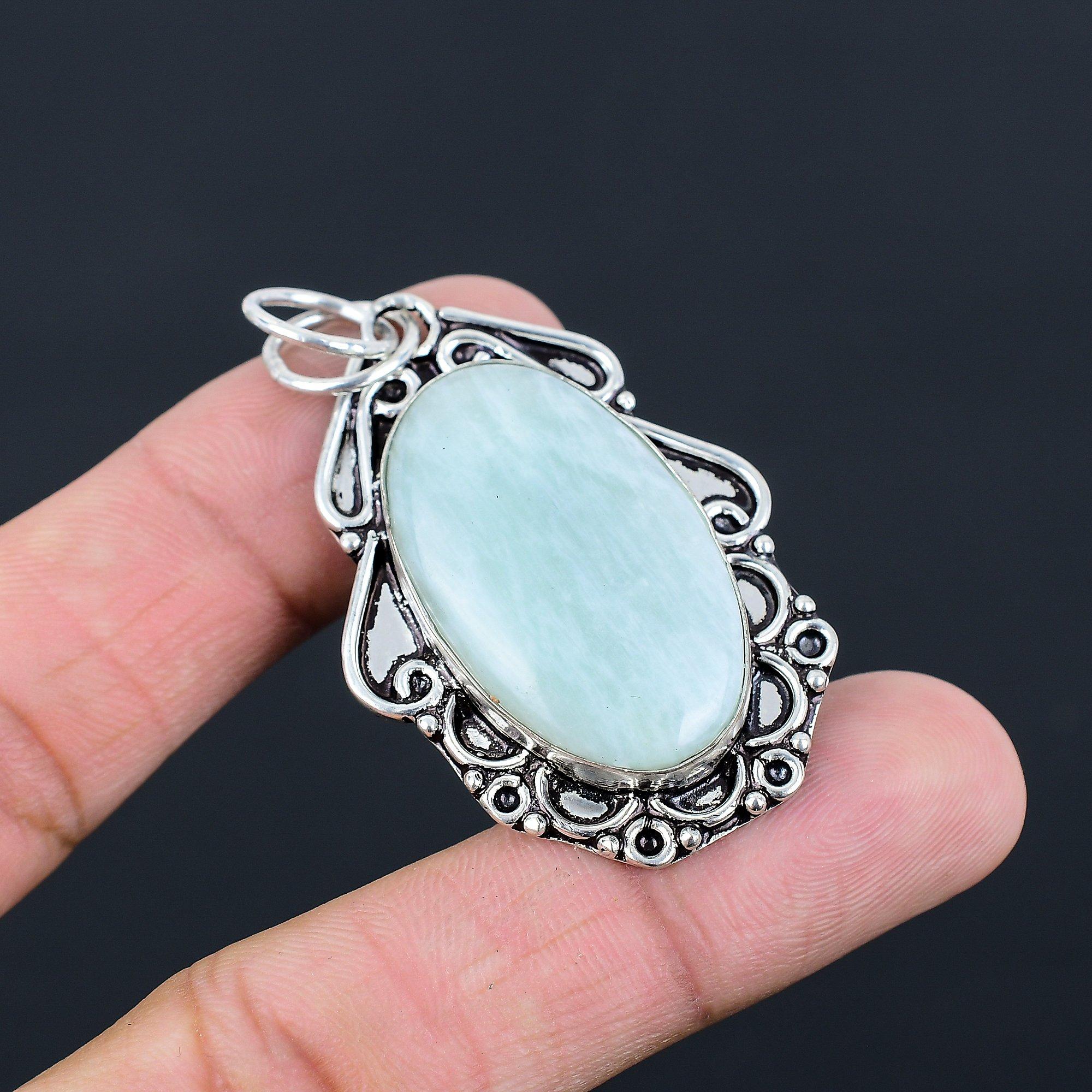 

925 Silver Oval Amazonite Gemstone Ethnic Handmade Anniversary Pendant Jewelry