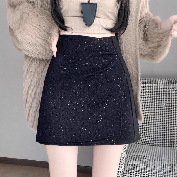Korean Sequin Woolen High-Waist A-Line Skirt, Anti-Exposure, Autumn/Winter Style for Girls