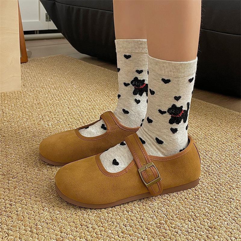 Cute Cat Plush Socks for Women, Spring and Autumn Pure Cotton Cartoon Illustration Mid-calf Socks, Polka Dot Yarn Heart-shaped Pile Socks