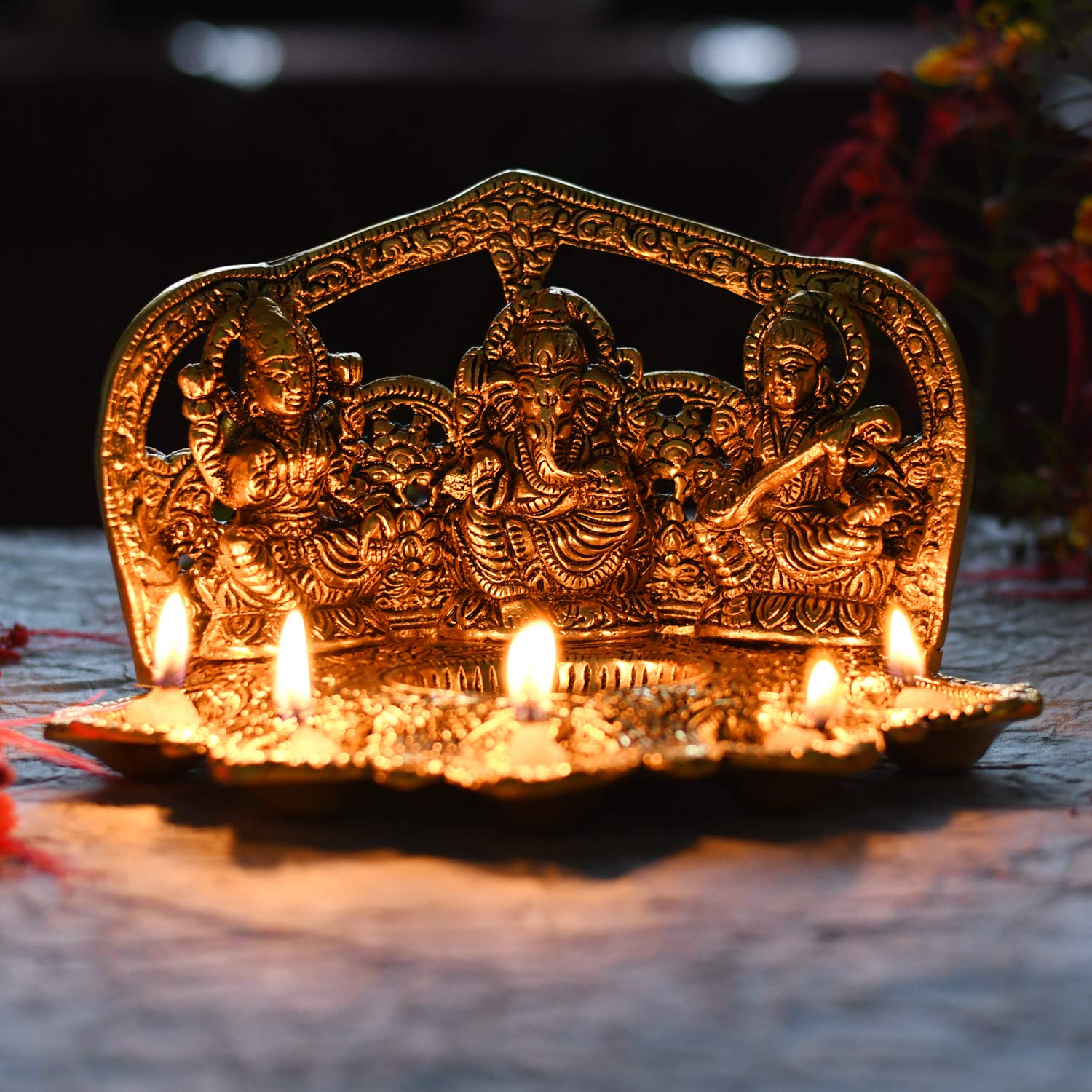 Collectible India Laxmi Ganesh Saraswati Idol Diya Oil Lamp Deepak - Metal Lakshmi Ganesha