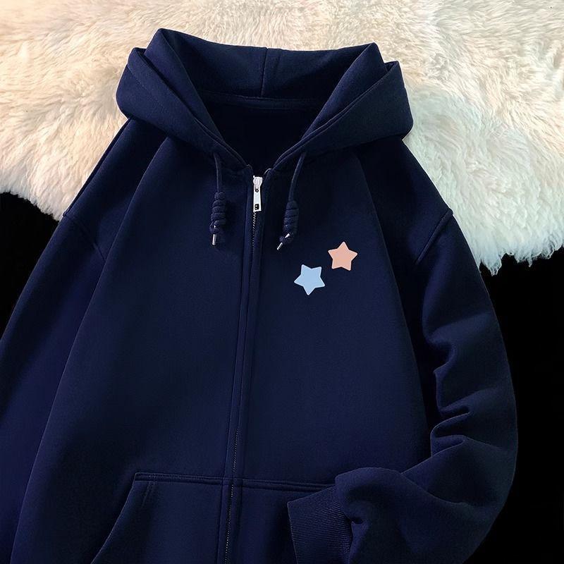 Cute Star Print Zipper Hooded Jacket Spring and Autumn Thin Collection Fashion Trends Versatile Casual Lazy Wind Sweatshirt Girl