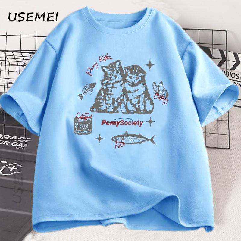 Funny Vintage Cat Fish Graphic T Shirt Harajuku Cotton Short Sleeve Loose Tshirt Summer Unisex Unisex High Quality O Neck Clothes