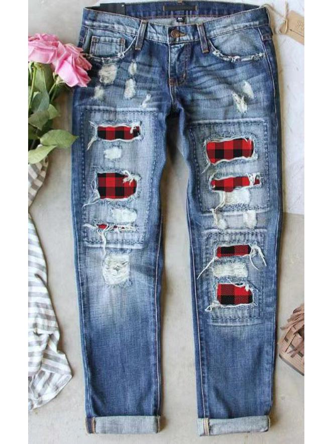 European & American Women s Ripped Printed Patch Mid-Waist Straight Leg Jeans L