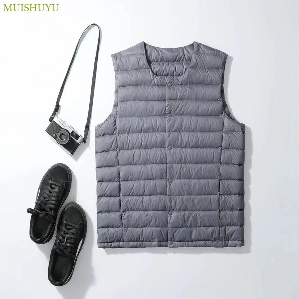 MUISHUYU Ultra Lightweight Collarless Inner Down and for Fall and YU41 Men's Vest, Lightweight, Warm, Cold-Proof Winter, (JP, Alphabet, M, Gray)
