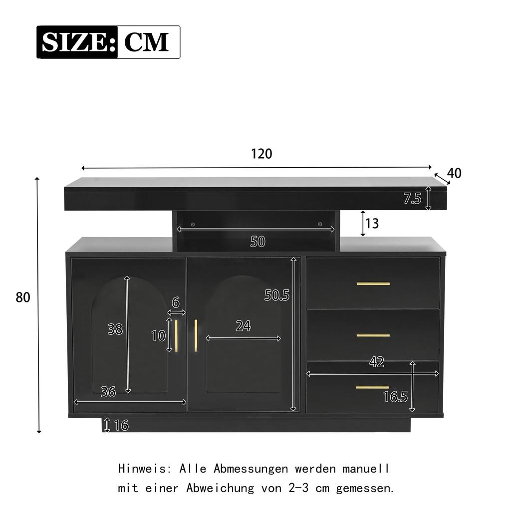 Kredens Bufetowy z Oświetleniem LED, Komoda Szafka 2 Drzwi 3 Szuflady, Nowoczesna Szafka Pomocnicza do Salonu Jadalni Przedpokoju, 120x40x80cm