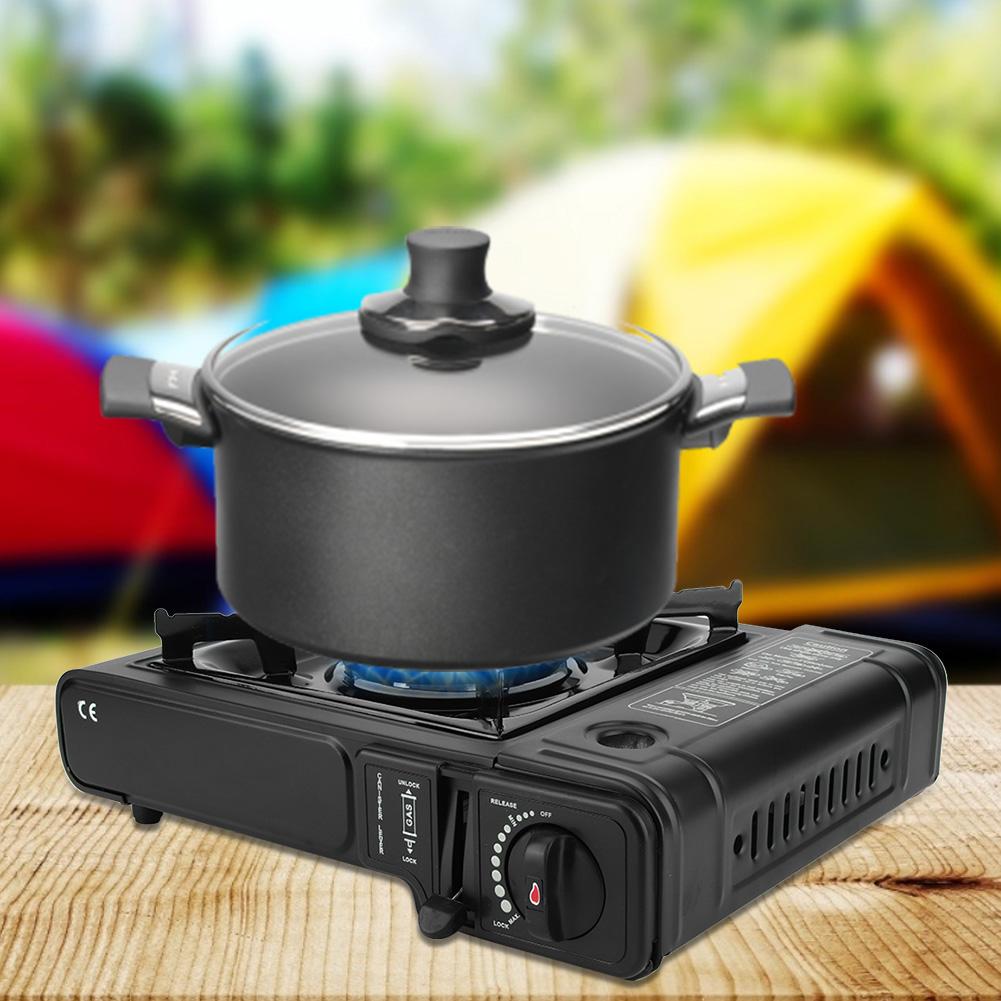 Портативная газовая плита двойного назначения из нержавеющей стали для кемпинга на открытом воздухе, черная газовая плита с подогревом