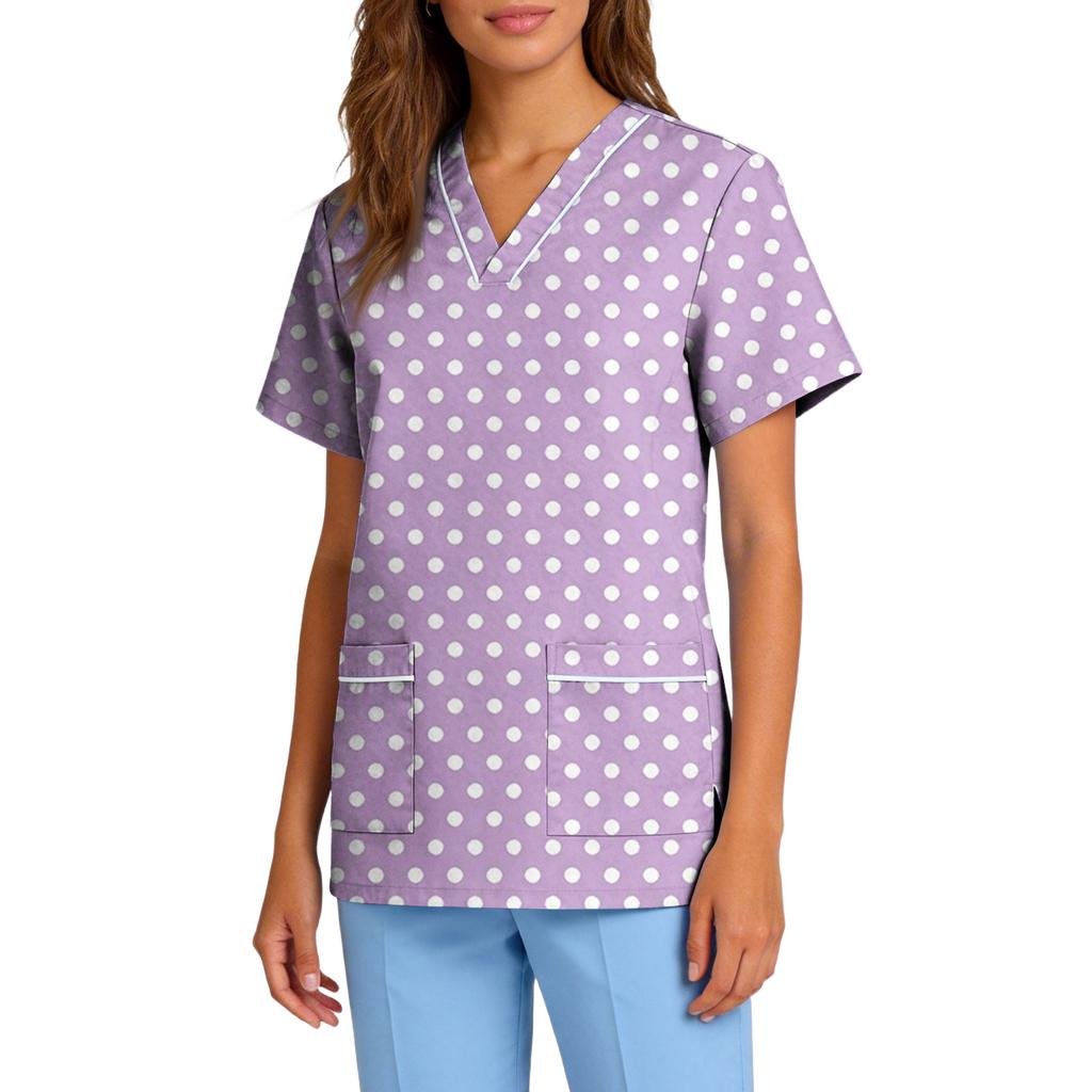 Women's Stretch Quick-Dry V-Neck Short Sleeve Workwear Top with Polka Dot Print & Pockets