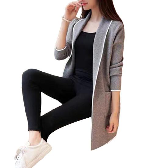 Women Fall Winter Jacket Open Stitch Cardigan Long Sleeve Mid Length Solid Color Loose Pockets Lapel Lady Warm Coat