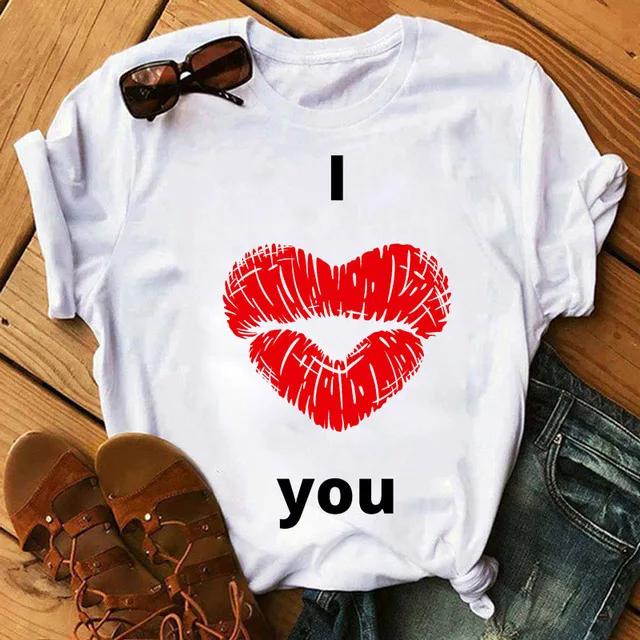 LOVE Red Lips Pink Heart Print T Shirt Women Romantic Slogan Graphic Short Sleeve Valentine Casual Summer Tee