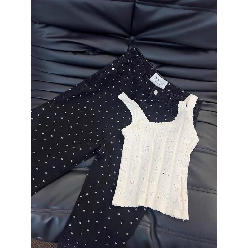 Black Straight Wide-leg Pants Women's Versatile Loose and Thin Trousers Retro Small Flower Polka Dot High Waist Versatile Jeans Women